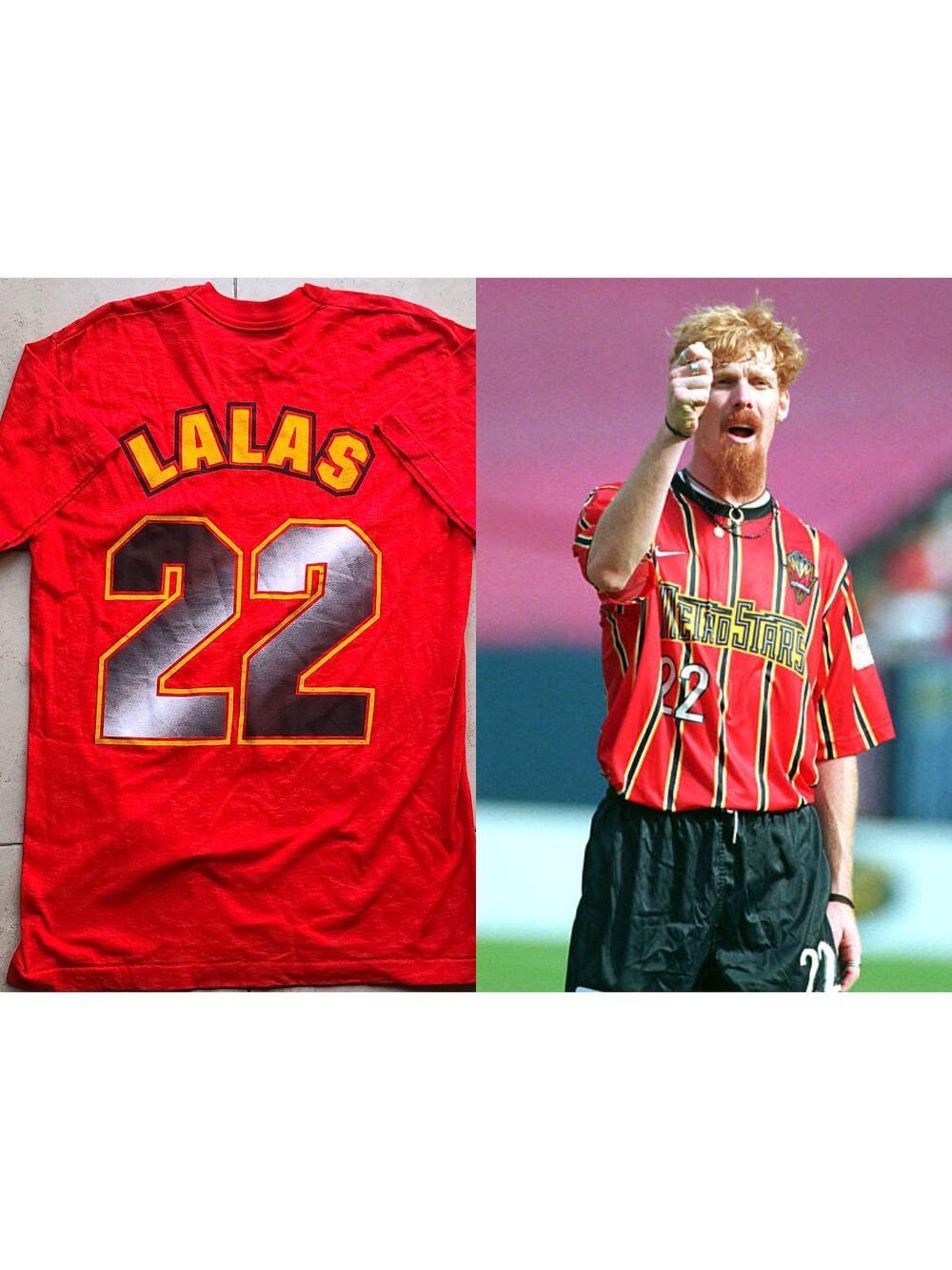 Alexi LALAS #22 NY NJ MetroStars 90s FRUIT T-shirt jersey L red MLS soccer vtg